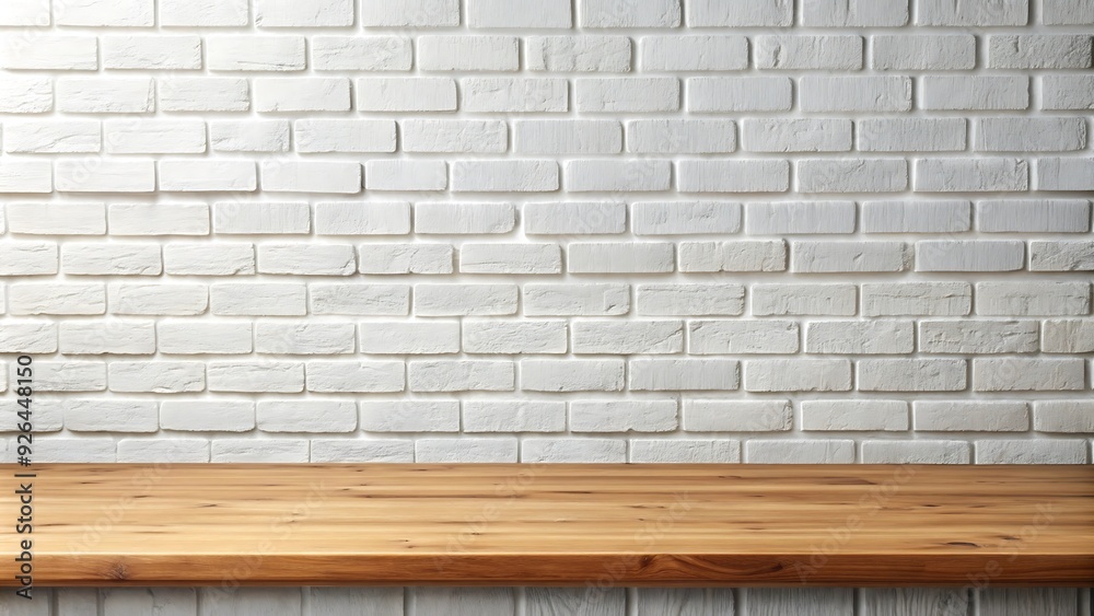 Wooden Tabletop Against White Brick Wall. Wooden Tabletop Against White Brick Wall.