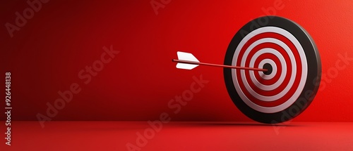 A vivid target with an arrow striking the center, symbolizing focus, achievement, and goal-oriented success in a striking red background. Colorful advertising backdrops concept. photo