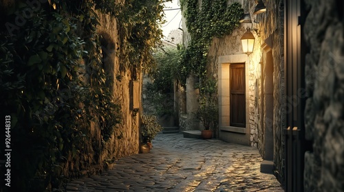 Narrow Alleyway in an Ancient Village with Cobblestone Streets, Ivy-Covered Walls, and Soft Lantern Light Illuminating the Path. AI generated illustration