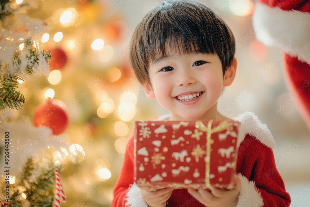 サンタ帽子をかぶってクリスマスプレゼントに喜ぶ日本人の子供(贈り物・クリスマス・12月・嬉しい・楽しい) サンタ帽子をかぶってクリスマスプレゼントに喜ぶ日本人の子供(贈り物・クリスマス・12月・嬉しい・楽しい)