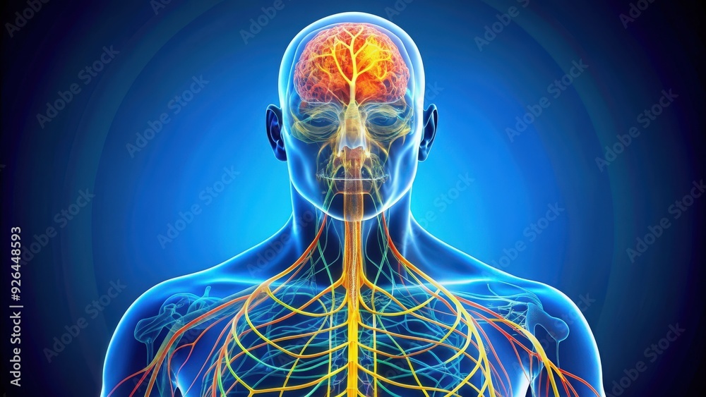 Detailed illustration of the human nervous system with highlighted ...