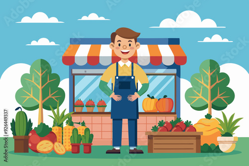 Vegetable Fruit local Shop. Happy Farmer sells fresh natural pr
