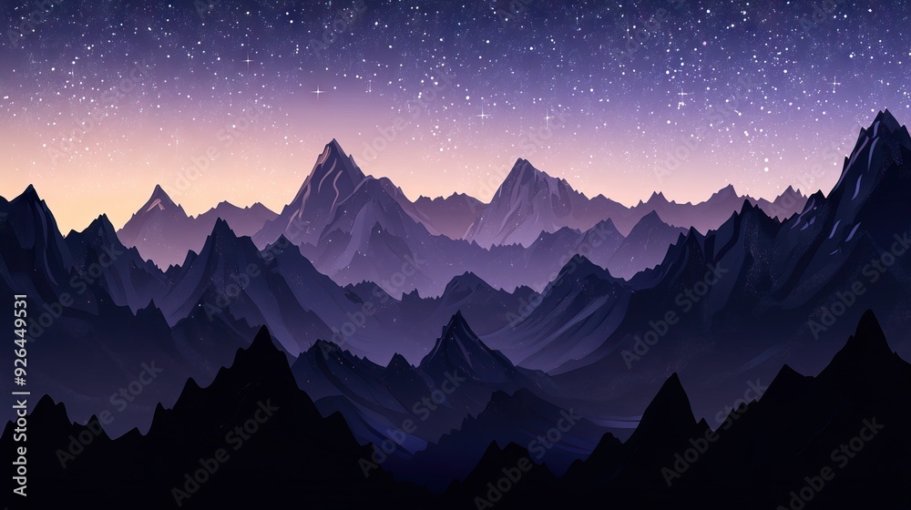 Rugged Mountain Range at Dusk with Jagged Peaks Silhouetted Against a Deep Purple and Blue Sky, and Stars Beginning to Twinkle. AI generated illustration
