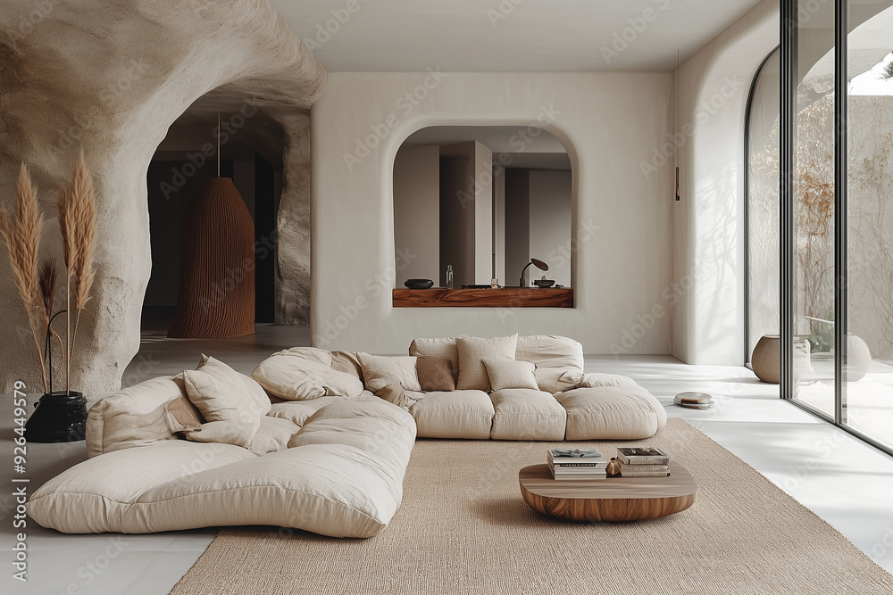 Modern minimalist living room with neutral tones and open space Modern minimalist living room with neutral tones and open space