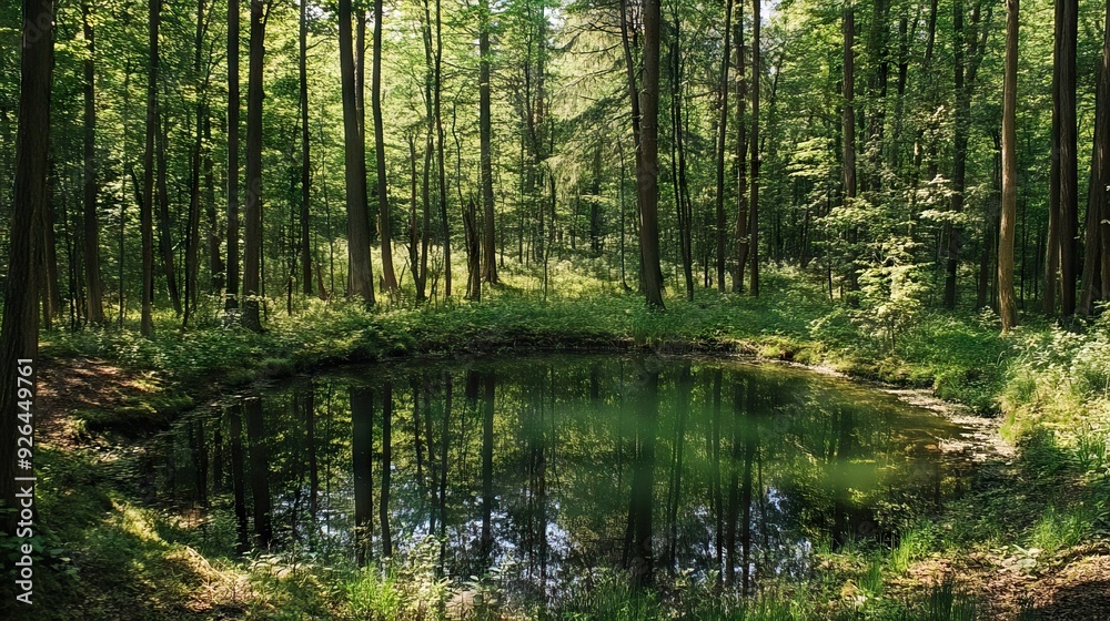 Secluded Forest Glade with a Crystal-Clear Pond Surrounded by Towering Trees and Thick Underbrush. AI generated illustration Secluded Forest Glade with a Crystal-Clear Pond Surrounded by Towering Trees and Thick Underbrush. AI generated illustration