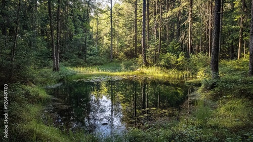 Secluded Forest Glade with a Crystal-Clear Pond Surrounded by Towering Trees and Thick Underbrush. AI generated illustration