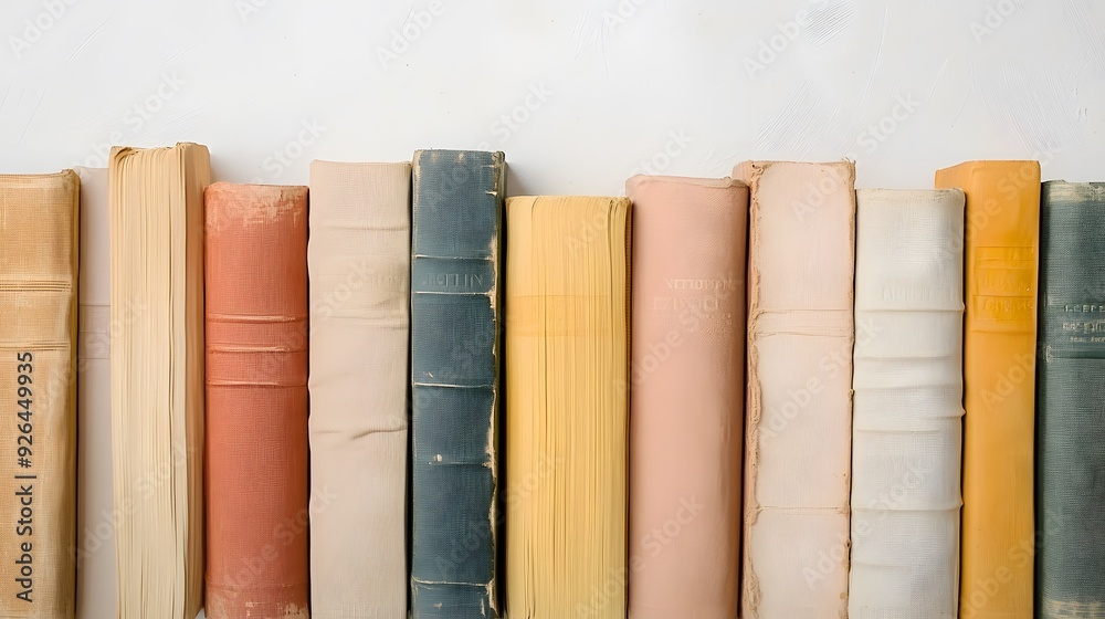 Row of books on white background, various sizes and colors, book spines aligned, minimalist composition, pastel and earth tones, literature concept, education theme, copy space above. Row of books on white background, various sizes and colors, book spines aligned, minimalist composition, pastel and earth tones, literature concept, education theme, copy space above.