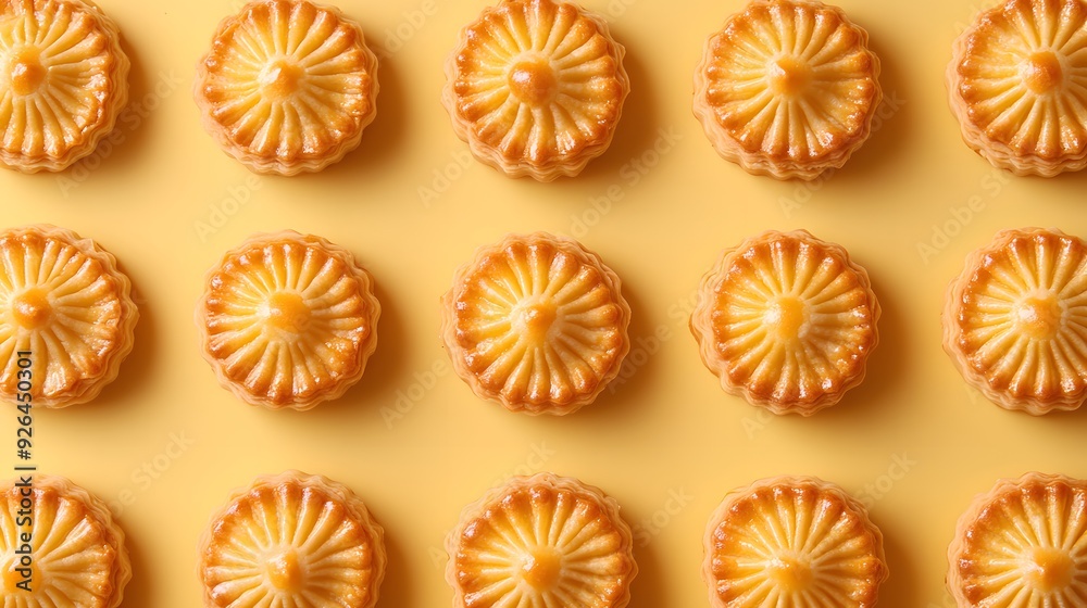 Fototapeta premium Rows of golden pineapple tarts on pale yellow background, overhead view, traditional Chinese pastries, flaky crust with intricate patterns, symmetrical arrangement, food photography.
