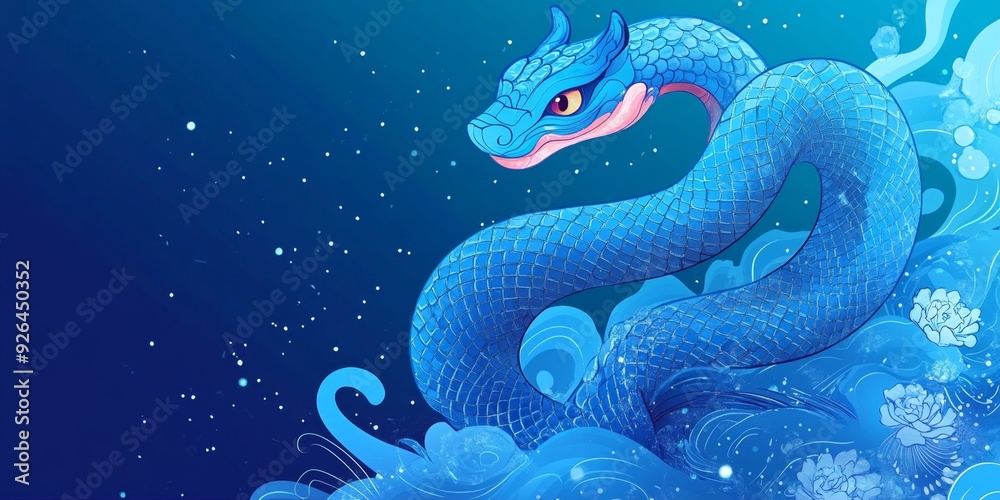 Enchanting 2025 Lunar New Year: Abstract Zodiac Animals with Blue Snake, Festive Lanterns and Floral Motifs. Chinese New Year Celebration Art on Blue-Gold Background. Creative UI Design for Marketing, Enchanting 2025 Lunar New Year: Abstract Zodiac Animals with Blue Snake, Festive Lanterns and Floral Motifs. Chinese New Year Celebration Art on Blue-Gold Background. Creative UI Design for Marketing,