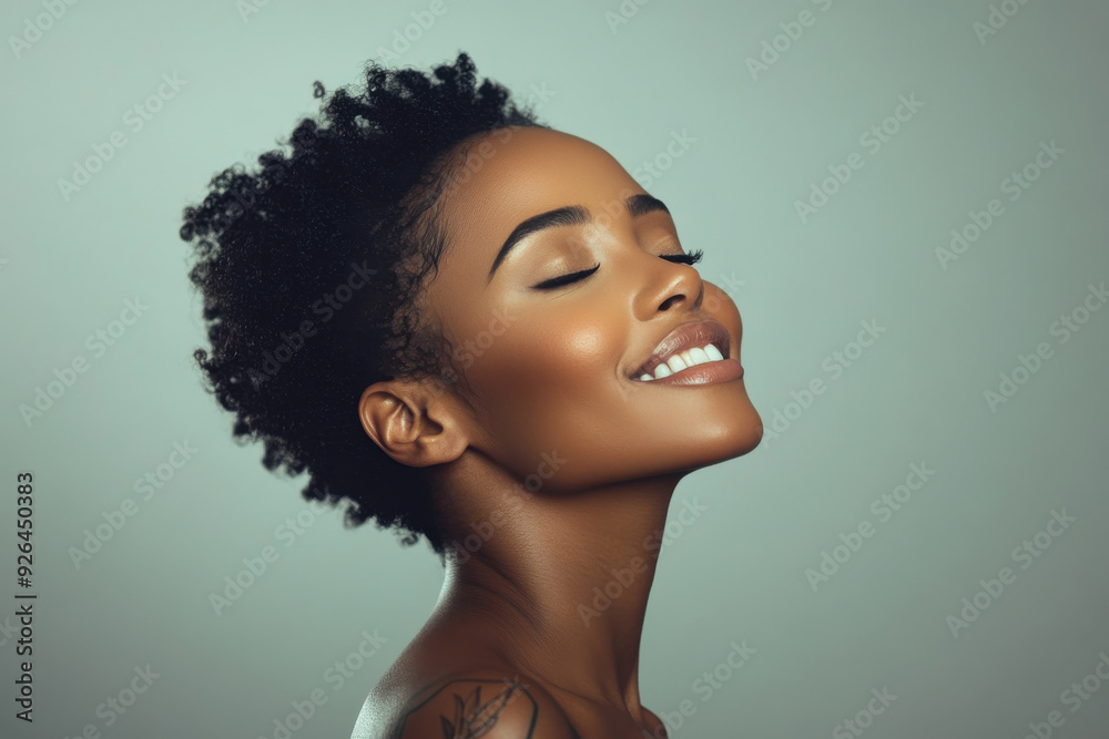 A close up of a tattooed black woman's face with her eyes closed