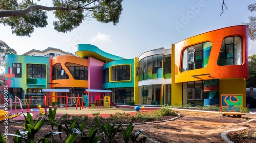 A vibrant kindergarten building with playful shapes and bright colors, surrounded by a lush playground