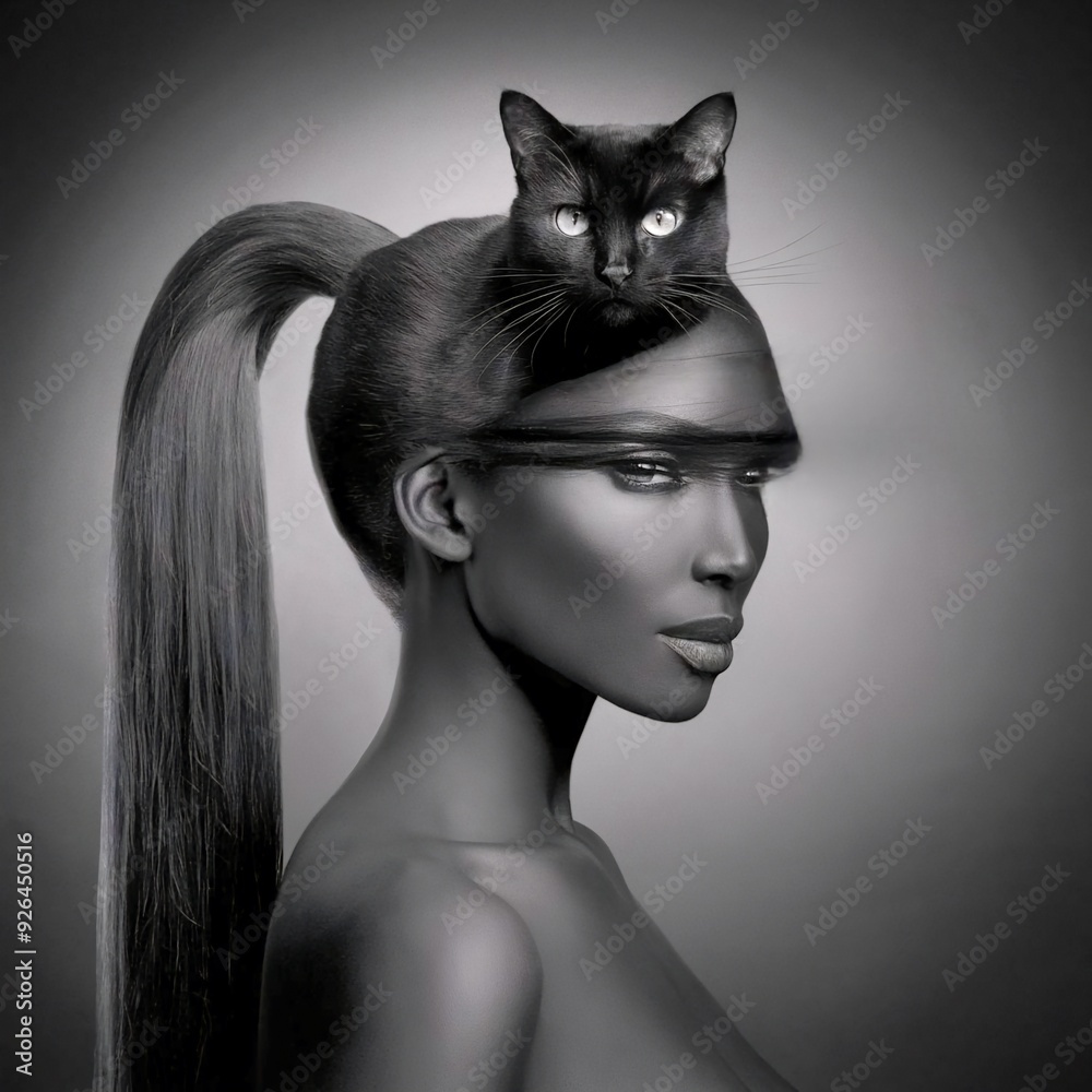 Fototapeta premium Cat integrated with a woman's hair 