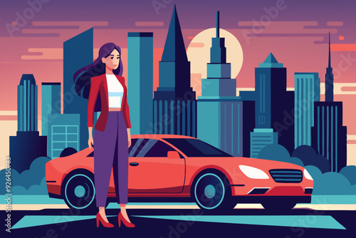 Young woman stands next to a car against the backdrop of the city. Vector illustration
