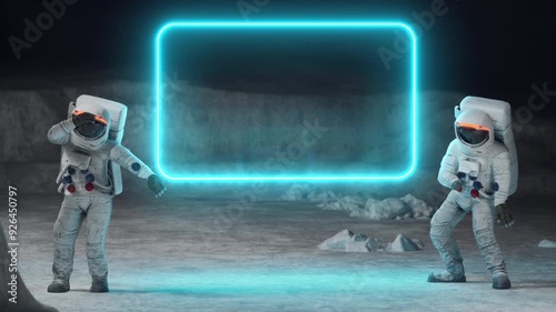 Two astronauts dance happily on the moon
