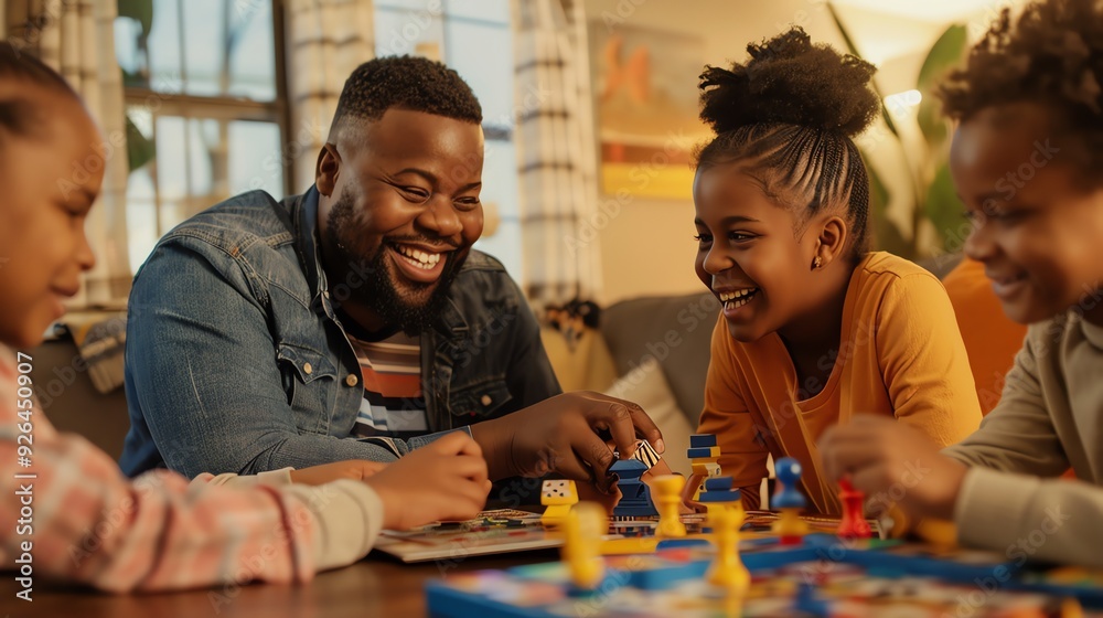 Fototapeta premium A father and his three children are playing a board game together and laughing.