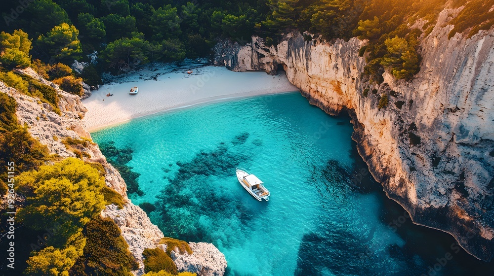 Fototapeta premium Secluded cove with crystal clear turquoise water, white sandy beach, towering limestone cliffs, lush vegetation on top, small white boat anchored near shore, calm Mediterranean Sea,.