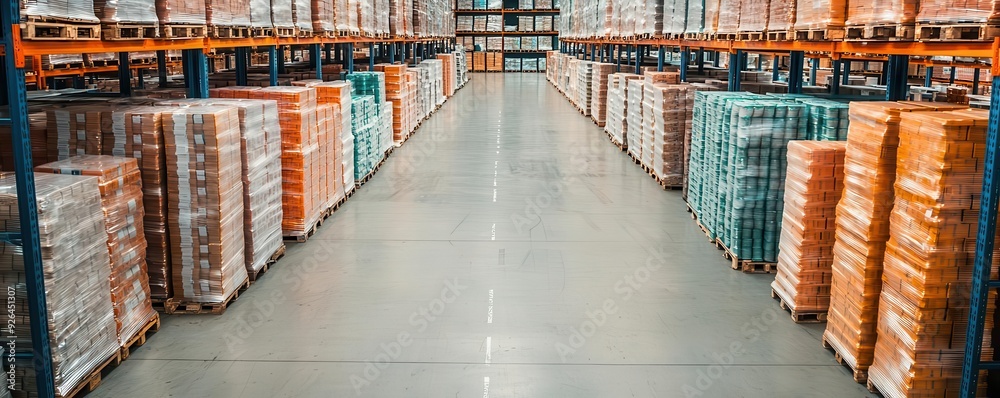 A warehouse filled with packaged goods ready for distribution A warehouse filled with packaged goods ready for distribution