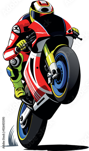 Motorcycle racer performing a wheelie on a powerful sports bike