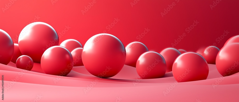 A vibrant scene featuring smooth red spheres on a soft red surface, creating a visually appealing abstract composition. Eye-catching design elements