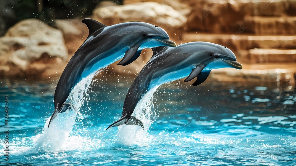 Obraz premium Two dolphins leap gracefully out of the clear blue water, showcasing their playful nature and agility in a stunning aquatic display.
