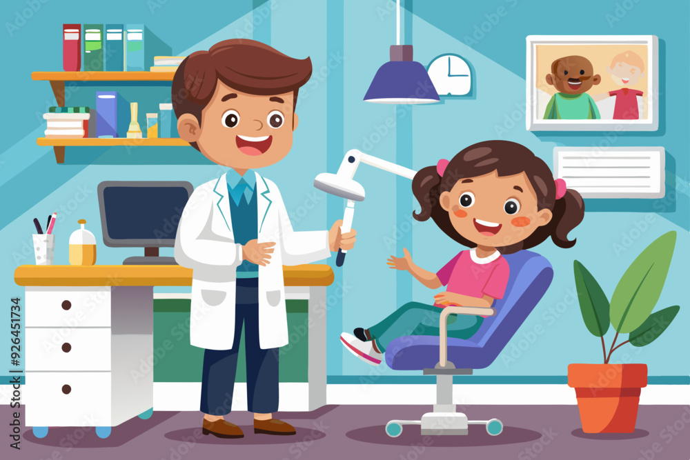 Dental office. Children's dentist and patient. Vector illustrati
Dental office. Children's dentist and patient. Vector illustrati
