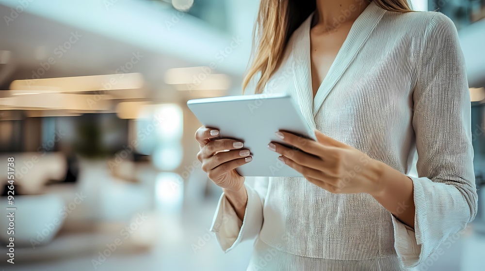 A confident individual holding a tablet in a modern office setting, showcasing technology and professionalism. A confident individual holding a tablet in a modern office setting, showcasing technology and professionalism.