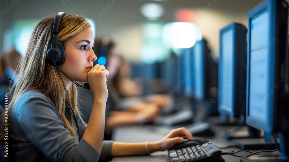Focused Call Center Employee Working with Headset in Office Focused Call Center Employee Working with Headset in Office