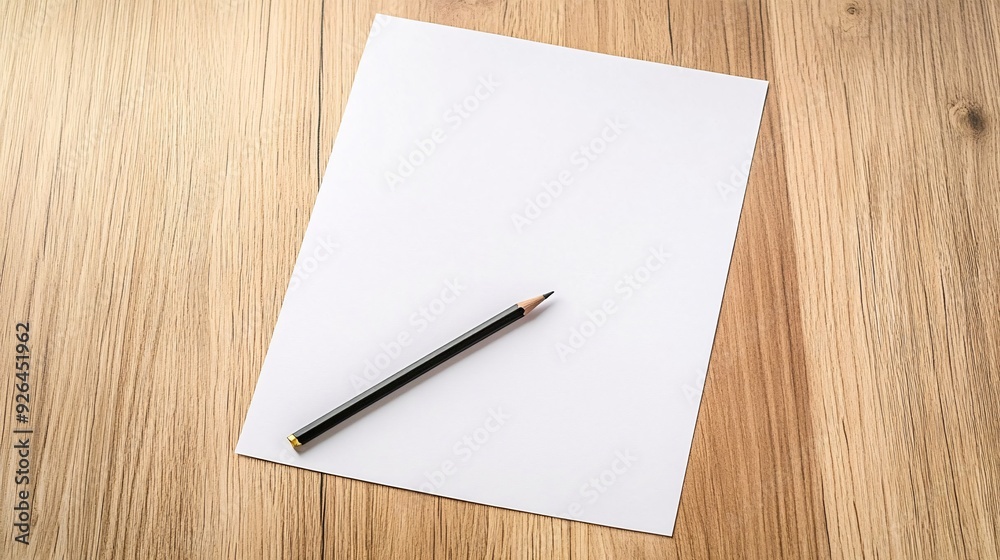 A black pencil rests on a blank white paper sheet atop a wood grain surface.