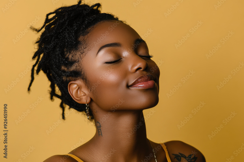 A close up of a tattooed black woman's face with her eyes closed A close up of a tattooed black woman's face with her eyes closed