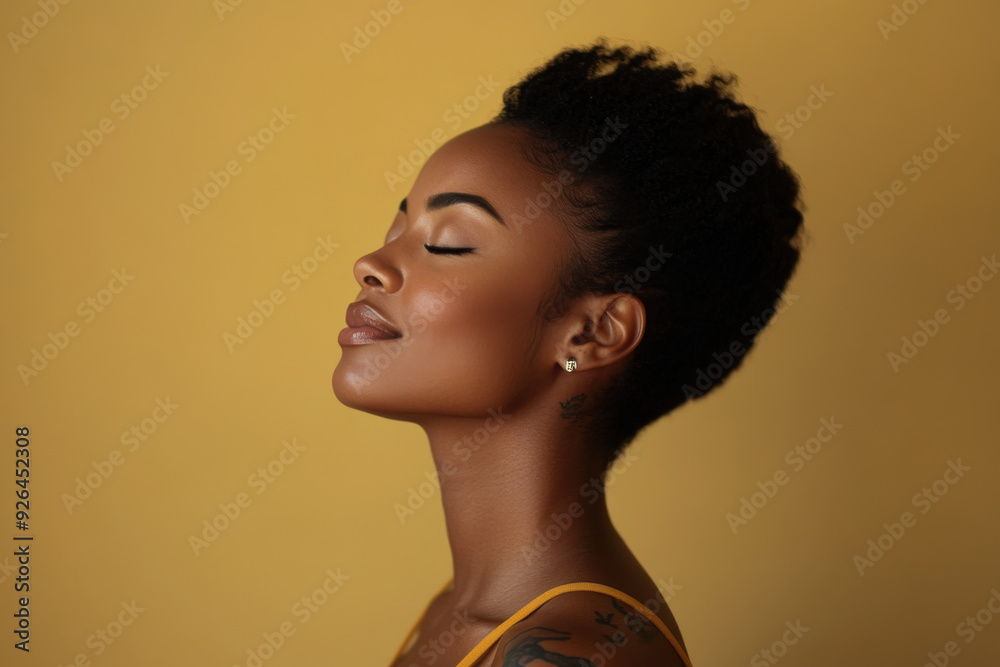 A close up of a tattooed black woman's face with her eyes closed A close up of a tattooed black woman's face with her eyes closed