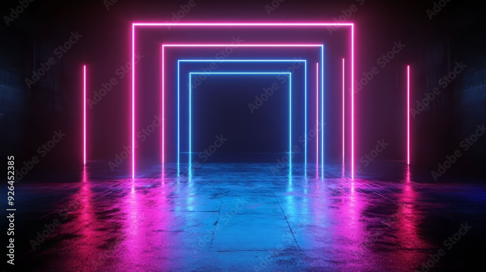 A vibrant scene featuring glowing neon lights in a captivating geometric tunnel, creating a modern and futuristic atmosphere. A vibrant scene featuring glowing neon lights in a captivating geometric tunnel, creating a modern and futuristic atmosphere.