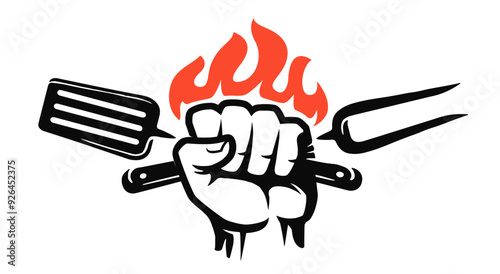 Bbq fork and spatula in hand. Barbecue, grill food logo and emblem. Symbol vector illustration for restaurant menu