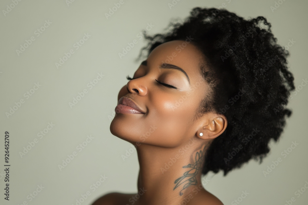 A close up of a tattooed black woman's face with her eyes closed A close up of a tattooed black woman's face with her eyes closed