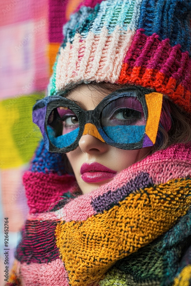 A woman wearing a multicolored hat and scarf with a colorful scarf A woman wearing a multicolored hat and scarf with a colorful scarf