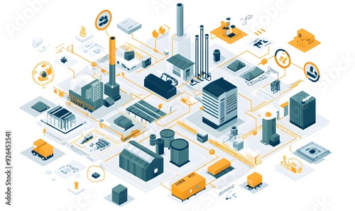 Isometric Illustration of an Industrial Complex with Interconnected Buildings and Infrastructure