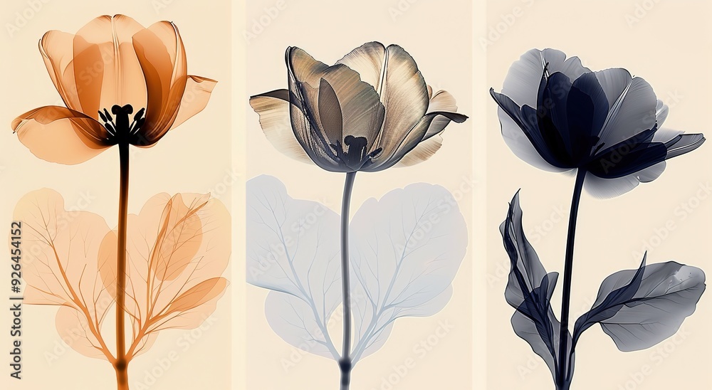 set of three flowers, one tulip, one poppy, and an orchid, in shades of brown and gray, against a white background. set of three flowers, one tulip, one poppy, and an orchid, in shades of brown and gray, against a white background.