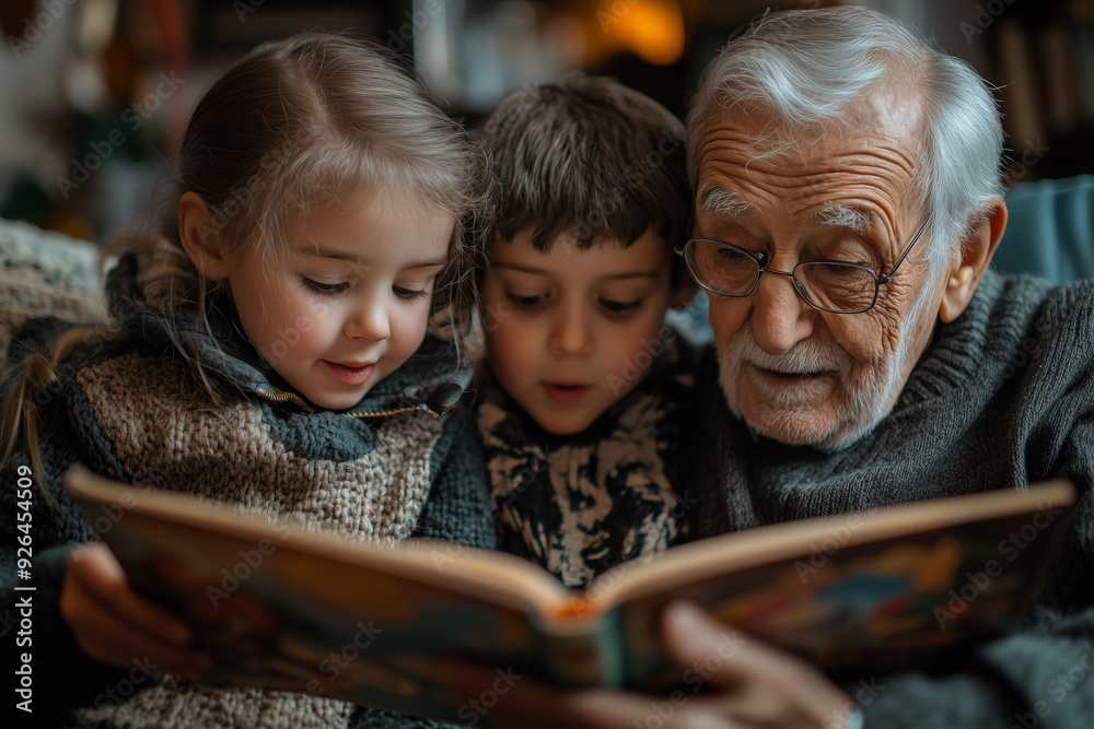 Grandparents reading a storybook to their grandchildren Grandparents reading a storybook to their grandchildren