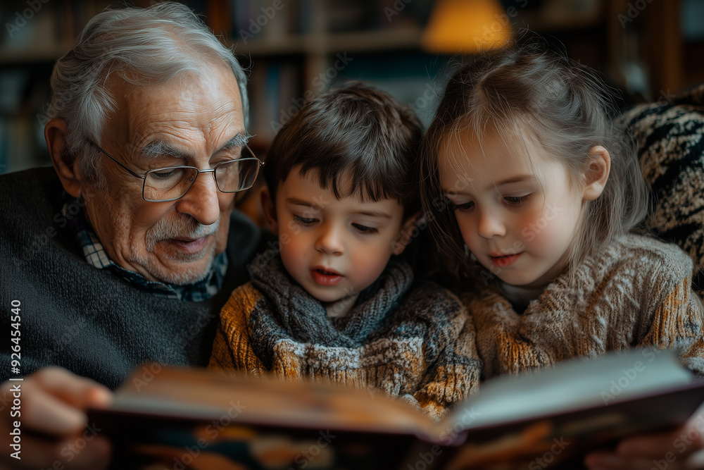 Grandparents reading a storybook to their grandchildren Grandparents reading a storybook to their grandchildren