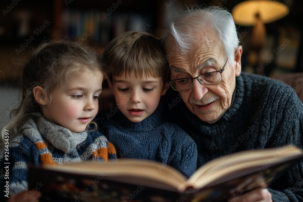 Grandparents reading a storybook to their grandchildren Grandparents reading a storybook to their grandchildren