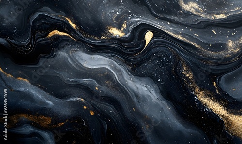 Abstract Swirling Black and Gold Paint with Glitter