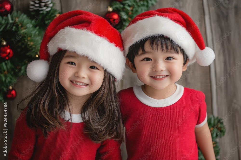 サンタ帽子をかぶったクリスマスを楽しむ日本人の子供(キッズ・兄弟・姉妹・友達・家族写真) サンタ帽子をかぶったクリスマスを楽しむ日本人の子供(キッズ・兄弟・姉妹・友達・家族写真)