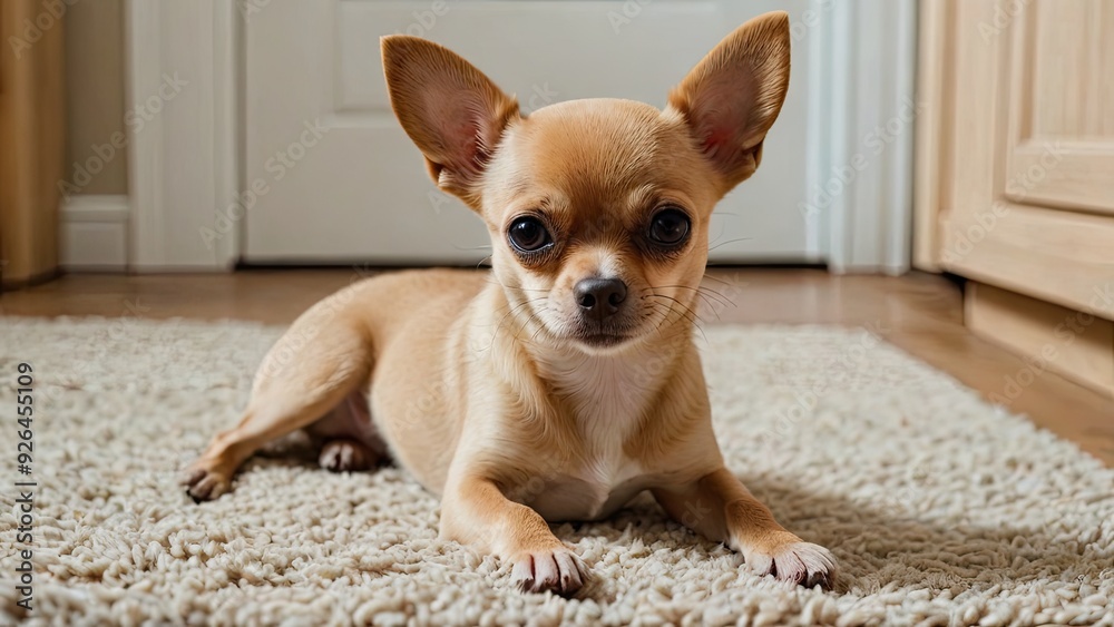 Fawn smooth coat chihuahua dog laying on the floor indoor Fawn smooth coat chihuahua dog laying on the floor indoor