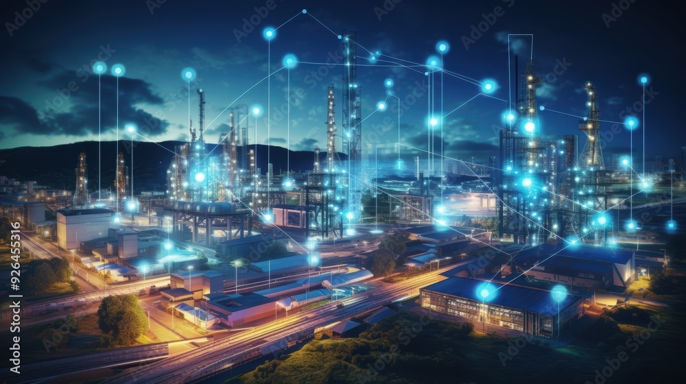 Fototapeta premium Modern factory, communication network. Telecommunication. IoT, Internet of Things, ICT, Information communication Technology,. Smart factory. Digital transformation, cloud connecting, generate by AI