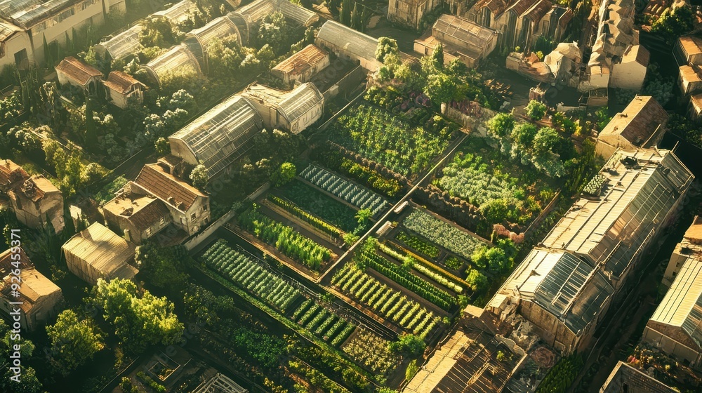 Obraz premium Lush gardens and greenhouses thrive in the city, showcasing various crops bathed in warm afternoon light
