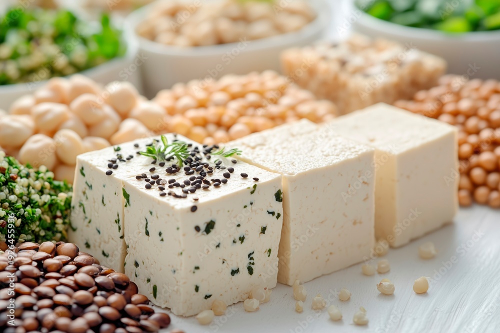 Variety of legumes and tofu arranged on a white surface, showcasing healthy plant-based protein options
