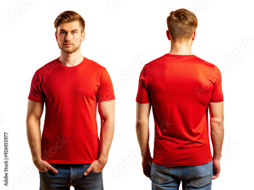 plain red t-shirt mockup design. front and rear view. A model in the background of a men's clothing store