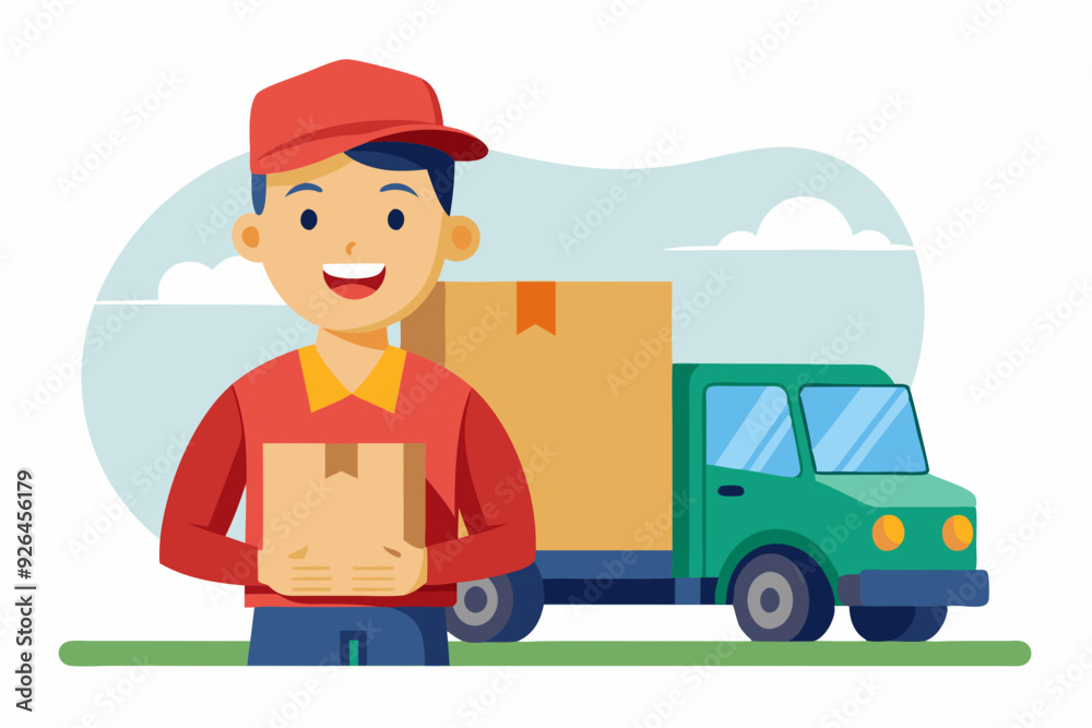 Smiling man courier with parcel on the background of a lorry. Vector illustration
Smiling man courier with parcel on the background of a lorry. Vector illustration
