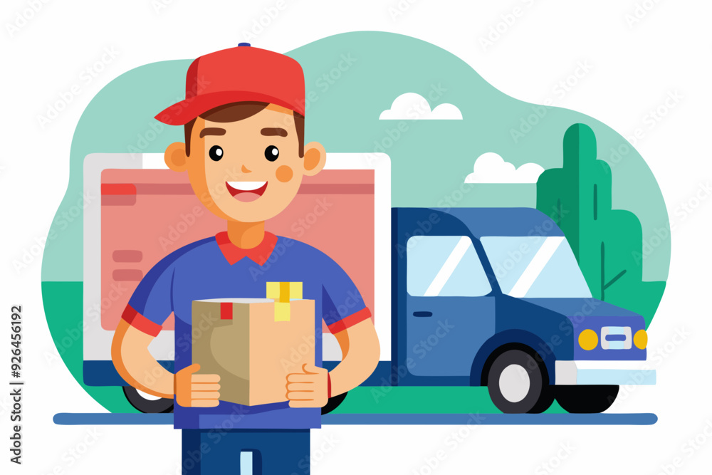 Smiling man courier with parcel on the background of a lorry. Vector illustration
Smiling man courier with parcel on the background of a lorry. Vector illustration