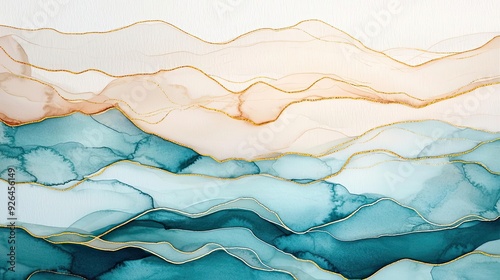 Wallpaper Mural Soft watercolor design featuring earth tones like blue and beige, accented by flowing gold lines and brushstroke textures Torontodigital.ca