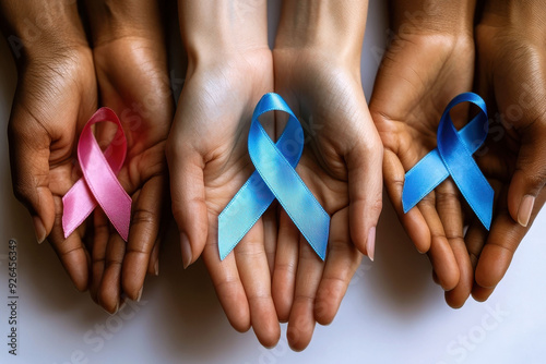 Hands holding blue and pink ribbons for World Diabetes Day and Breast Cancer Awareness photo